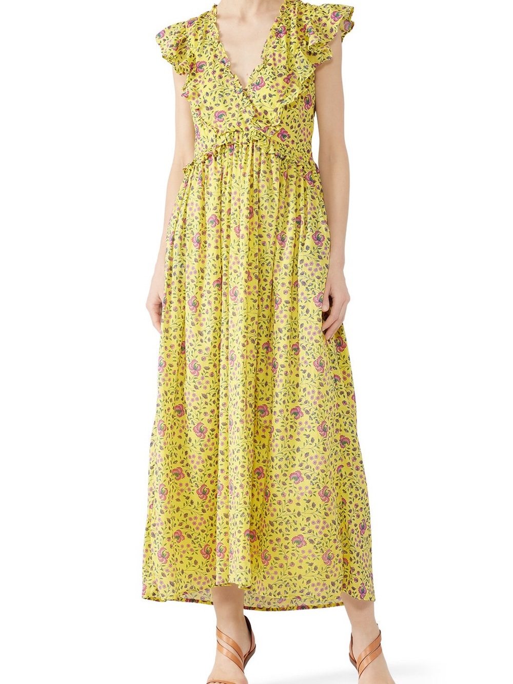Banjanan Yellow Floral Maxi Dress with Ruffle V-Neck 100% COTTON - Picture 2 of 7